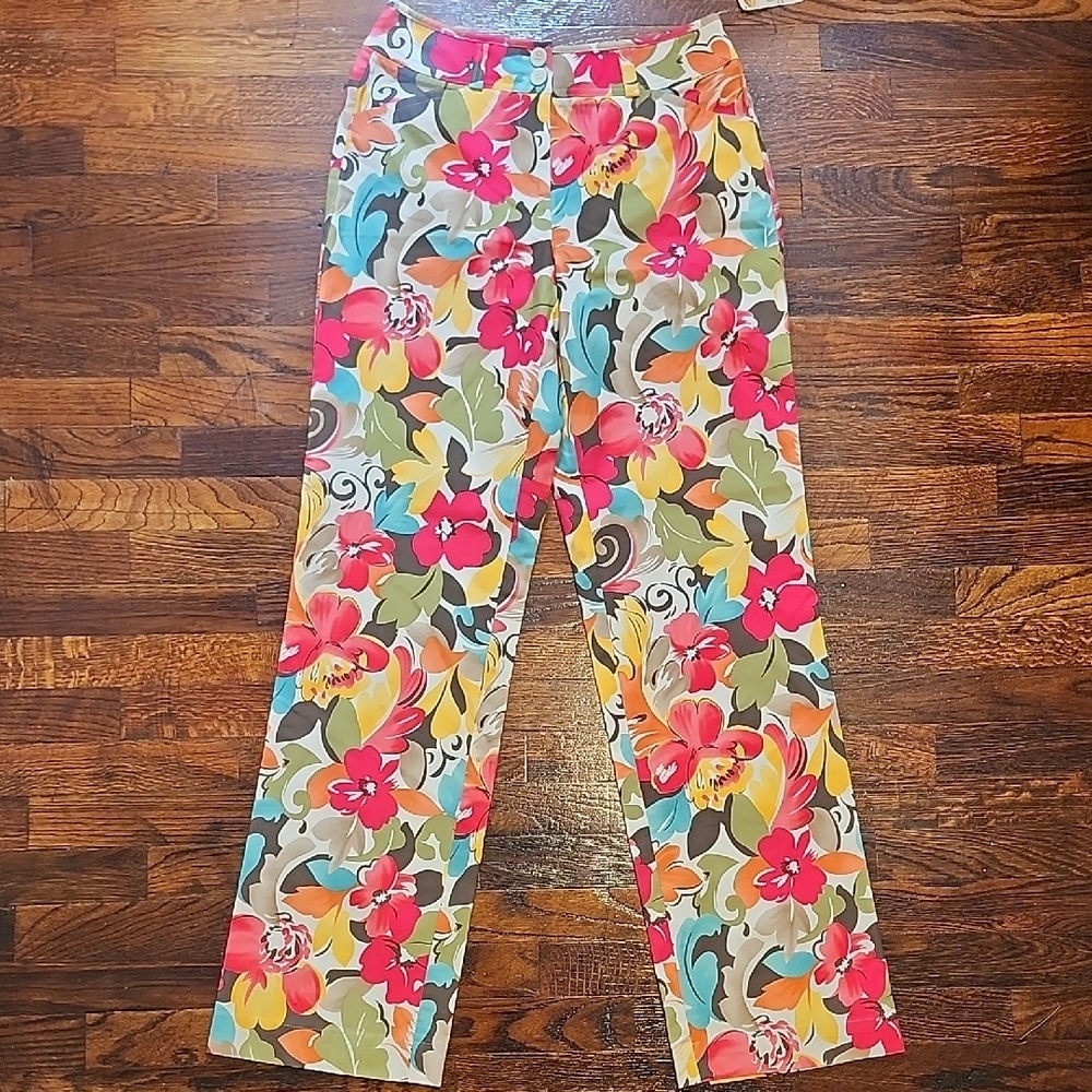 NWT Talbots Stretch Multicolored Tropical Floral Cotton Blend Pants 32" Inseam